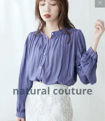 naturalcouture 매트 버튼 드레이프감 새틴 블라우스 블루 긴팔
