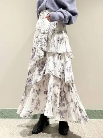 SNIDEL 프린트 쉬폰 플리츠 티어드 스커트