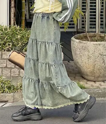 밑단 레이스 데님 캉캉 스커트