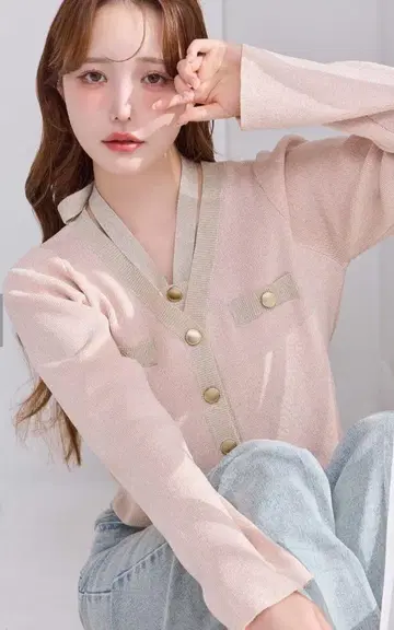 NICE CLAUP 배색 라메 니트 가디건