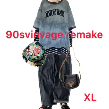 90s 빈티지 리메이크 스텝 염색 인디고 T XL