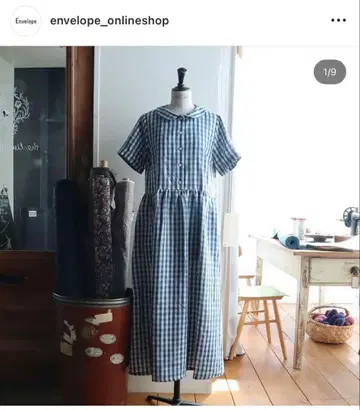 리제타 엔벨로프 린넨 버드 깅엄 체크 원피스