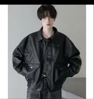 빈티지 가공 PU 가죽 A-2 숏 블루종