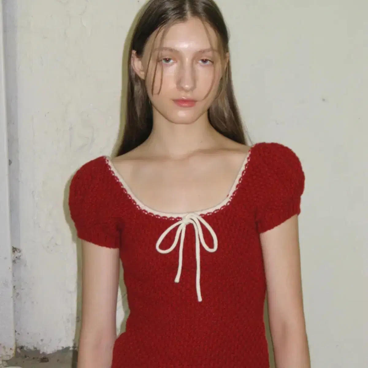 Sinoon Puff Half Knit Top red 赤