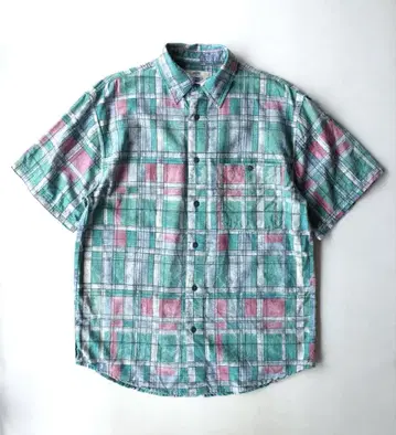 90's 빈티지 실크 100% 반팔 셔츠 체크 무늬 그린 그린