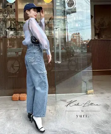 yuri. 씨 콜라보 백 포켓 자수 커브 데님 블루 컷 쁘띠 M