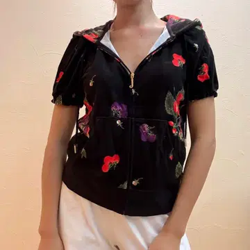 쥬시꾸뛰르 블랙 후드 부착 반팔 후드티 M