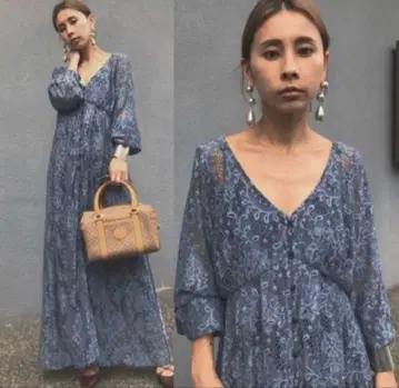 Ameri vintage 블루 레이스 롱 원피스