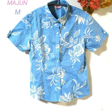 마준 MAJUN 여성용 알로하 셔츠 M 꽃무늬 카리유시 의류 스카이블루