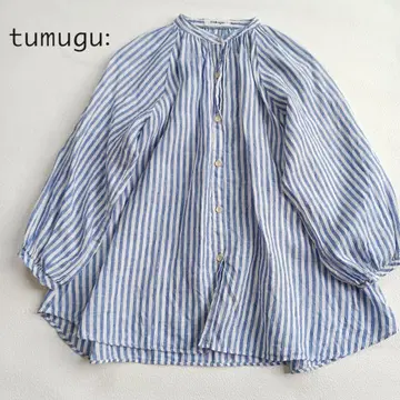 tumugu: 츠무구 린넨 스트라이프 볼륨 슬리브 블라우스 린넨 블루