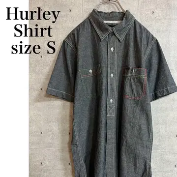 Hurley 반팔 데님 셔츠 네이비 사이즈 S 컬러풀 스티치