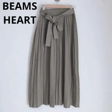빔즈 하트 플리츠 스커트 롱 스커트 리본 허리 밴딩 카키