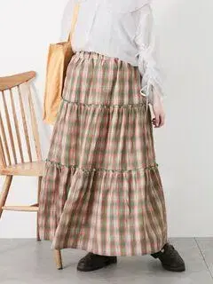 택 포함 에카 소포 체크 티어드 스커트 그린 사만사 모스모스