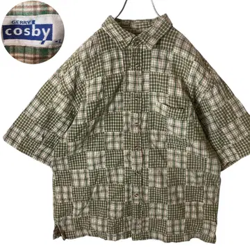 GERRY cosby 짙은 그린 마드라스 체크 반팔 코튼 셔츠 루즈핏