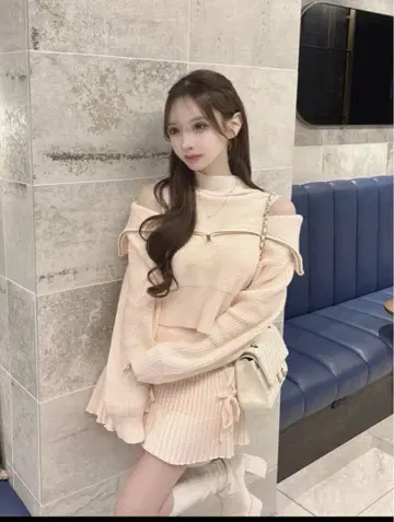 르미뇽 knit ribbon skirt set up 핑크