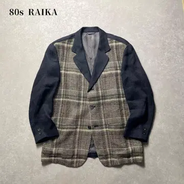 80s RAIKA 실크 린넨 테일러드 자켓 체크 배색 블레이저 구제 의류