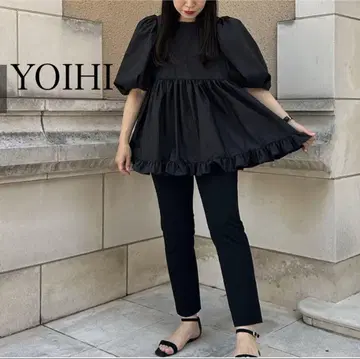 YOIHI 요이히 천 유령 퍼프 슬리브 블라우스 반팔 블랙