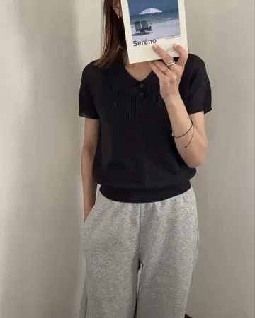 카라 부착 니트탑 폴로 니트 반팔 블랙 성숙/러블리 한국 패션