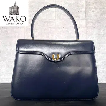 WAKO 와코 긴자 와코 카프 가죽 네이비 골드 금장 장식 핸드백