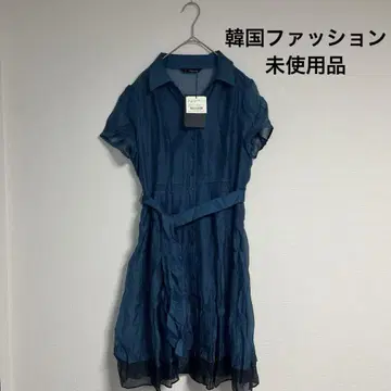택 포함 미사용품 한국 패션 반팔 원피스 파랑 블랙 세련된 레트로