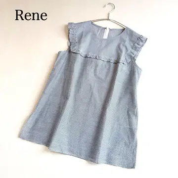 르네 Rene 슬리브리스 블라우스 프릴 보더 코튼 블루 M