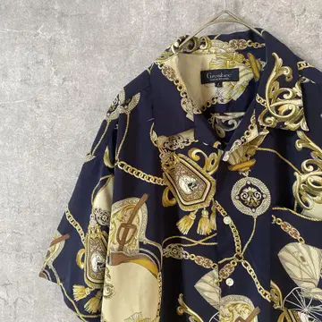 Grosby 반팔 셔츠 체인 프린트 네이비 반팔 폴리 셔츠 L 남성용