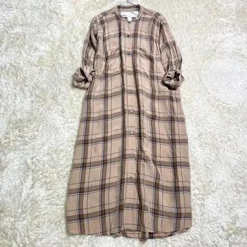 TICCA 티카 셔츠 원피스 체크 긴팔 노카라 브라운