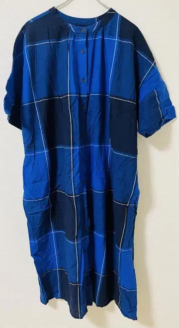 블루 윌로우 체크 롱 원피스 2way 린넨 혼방 겉옷 블루 F