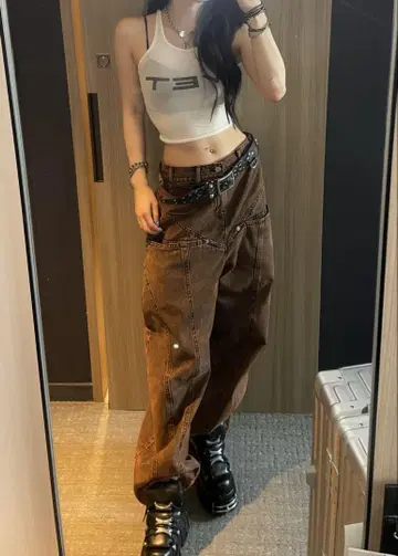 비아반다 컬러 블리치 와이드 데님 팬츠