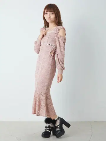 새상품 앙크루즈 AnkRouge 핑크 레이스 오프숄더 원피스