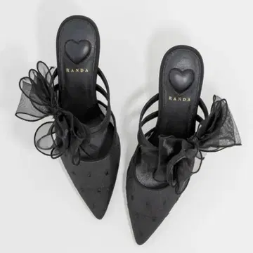 RANDA 쉬폰 리본 하트 뮬 펌프스 25.5cm 블랙 란다