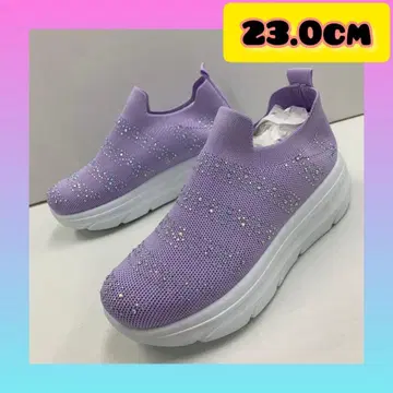 23.0cm 여성용 새상품 통굽 스톤 장식 슬립온 스니커즈 보라색