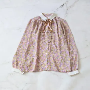 b 꽃무늬 프릴 칼라 부착 리본 셔츠 핑크 긴팔 걸리시 레트로 이중 칼라