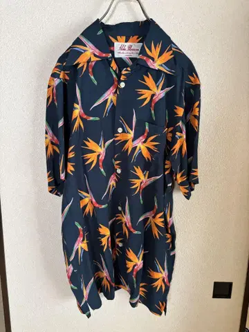 미사용 Aloha Blossom 알로하 셔츠 42 네이비 극락조 꽃