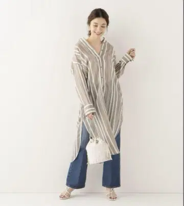 이에나 시어 셔츠 원피스 밴드 카라 루즈핏 스트라이프