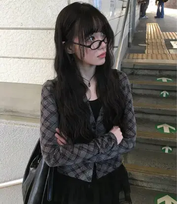 anyonemore 그레이 체크 무늬 가디건 긴팔