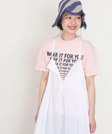 BEAMS BOY 라인 로고 숏 슬리브 티셔츠 PINK