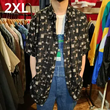 새상품급 2XL 긴 기장 알로하 셔츠 하와이안 블랙 미국 구제 의류