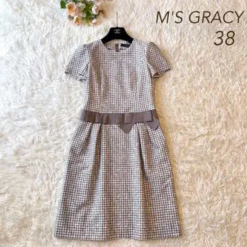 새상품급 M'S GRACY 하운드투스 체크 리본 원피스 베이지 38