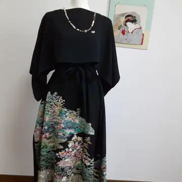 리메이크 기모노 롱 원피스 순수 실크 볼레로 포함 L 작가 작품