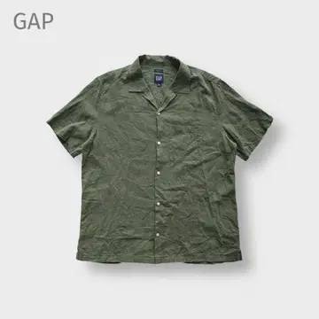 갭 GAP 반팔 셔츠 코튼 린넨 오픈 카라 L 올리브