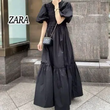미품 ZARA 자라 포플린 패널 원피스 플레어 퍼프 슬리브 블랙 S