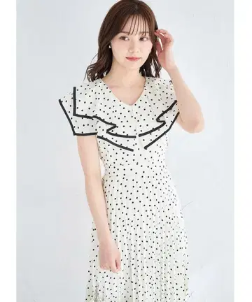 허리 리본 포함 플라워&도트 모듬 프린트 빅 칼라 플리츠 원피스
