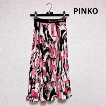 PINKO 올 로고 무늬 플리츠 플레어 롱 스커트 하이힐 패턴 핑크