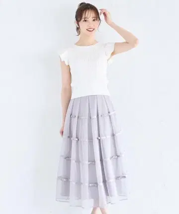 데코레이션 리본 메쉬 턱 플레어 스커트