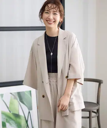 렙심 베이지 루즈 W 브레스트 5부 소매 자켓