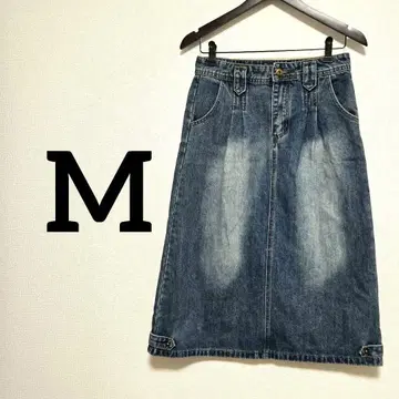 데님 스커트 M 사이즈 빈티지풍 미디 길이 인디고 블루