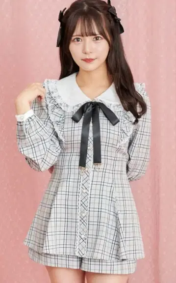 시크릿허니 레이스 옷깃 체크 무늬 셋업