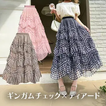 Myurina 깅엄 체크 티어드 스커트 체크 무늬 롱 기장