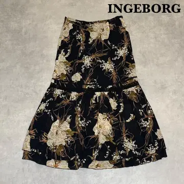 INGEBORG 잉게보그 블랙 플라워 무늬 롱 플레어 스커트 R111